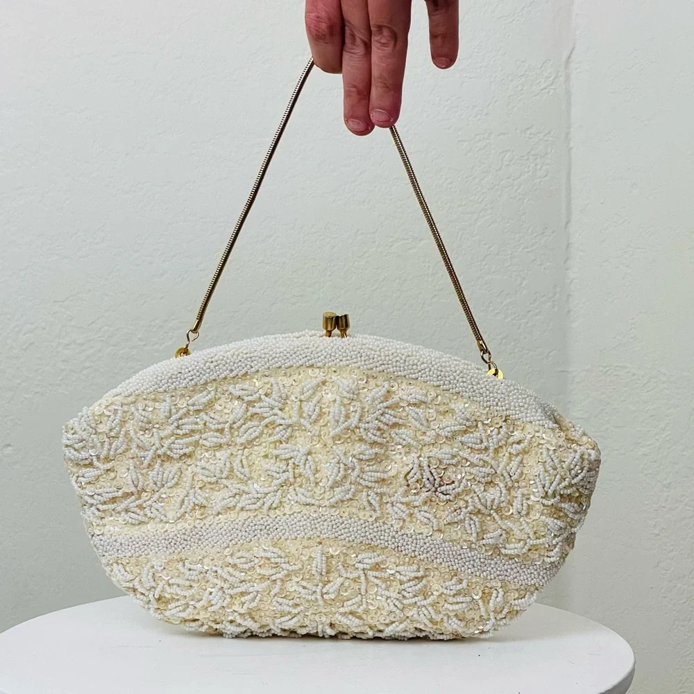 Vintage 60s White Beaded Clutch with Gold Tone Clasp